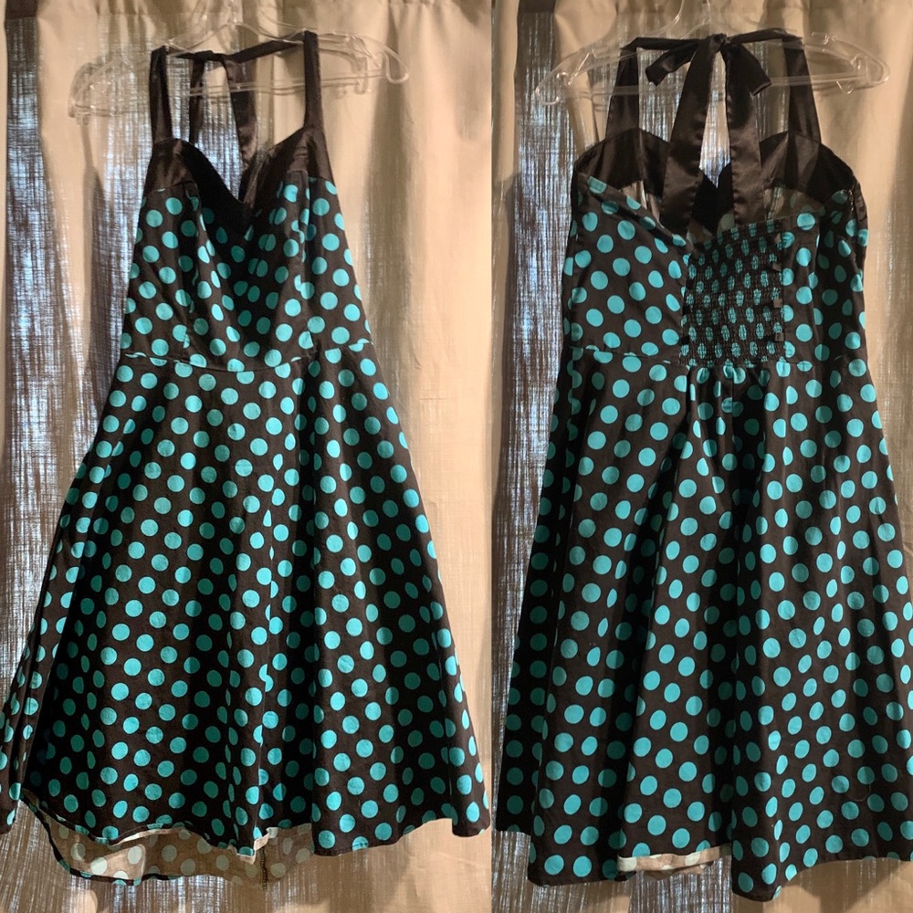 Black with teal polka dot halter pinup dress